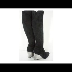 Stuart Weitzman Black Suede Glitter Wedge Boots
